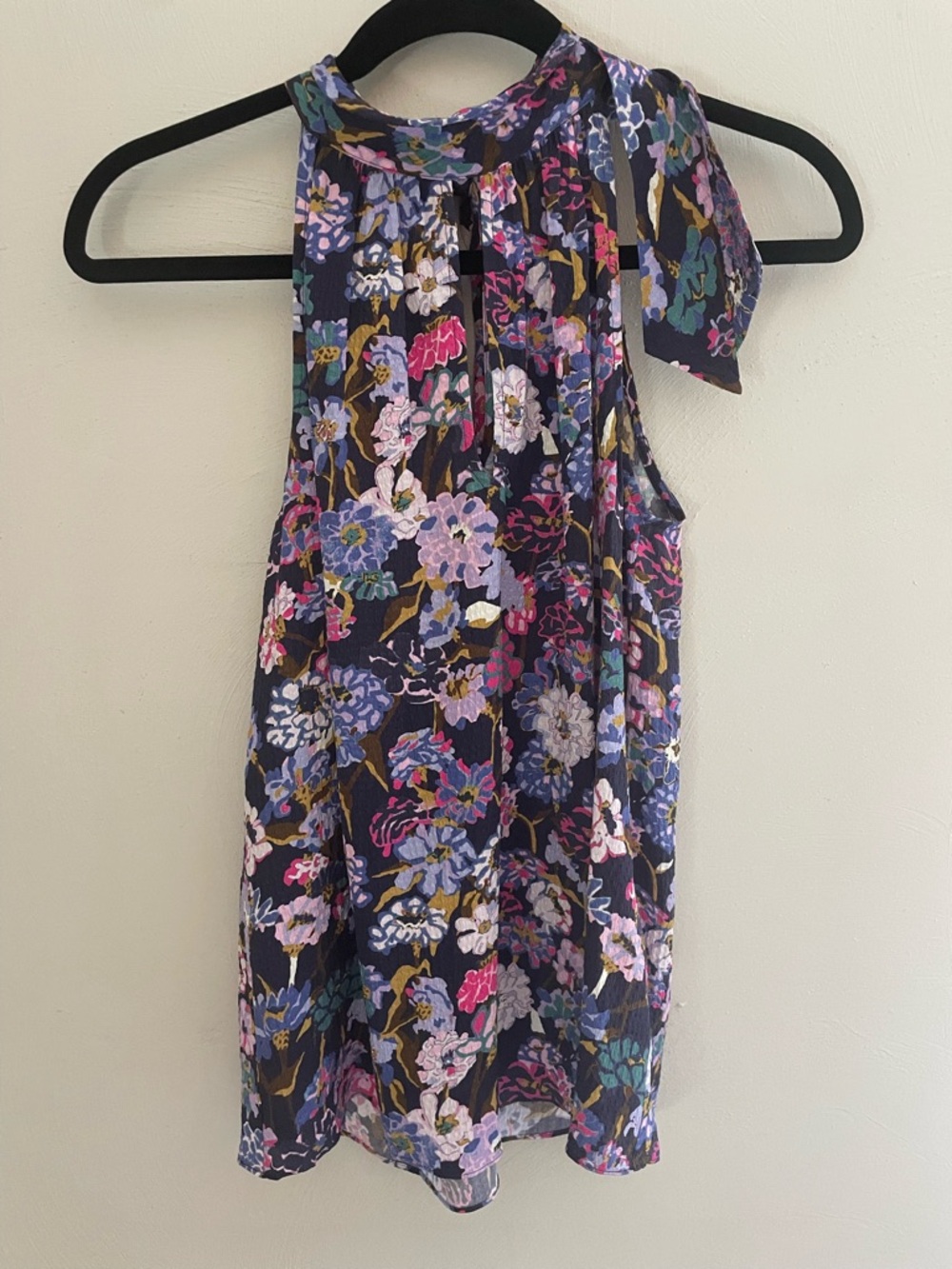 Tanya Taylor 100 Percent Silk Navy Floral Halter Tie-Neck Top Size Small